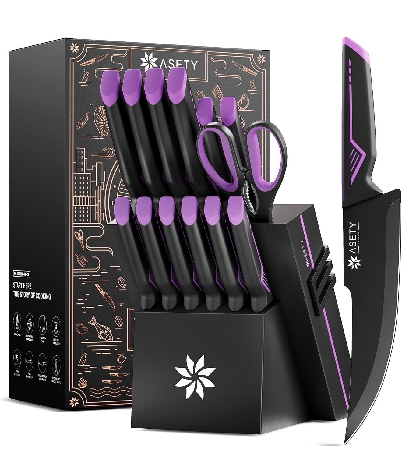 *NEW* ASETY Knife Set – 15-Piece Black & Purple Kitchen Knife Block Set